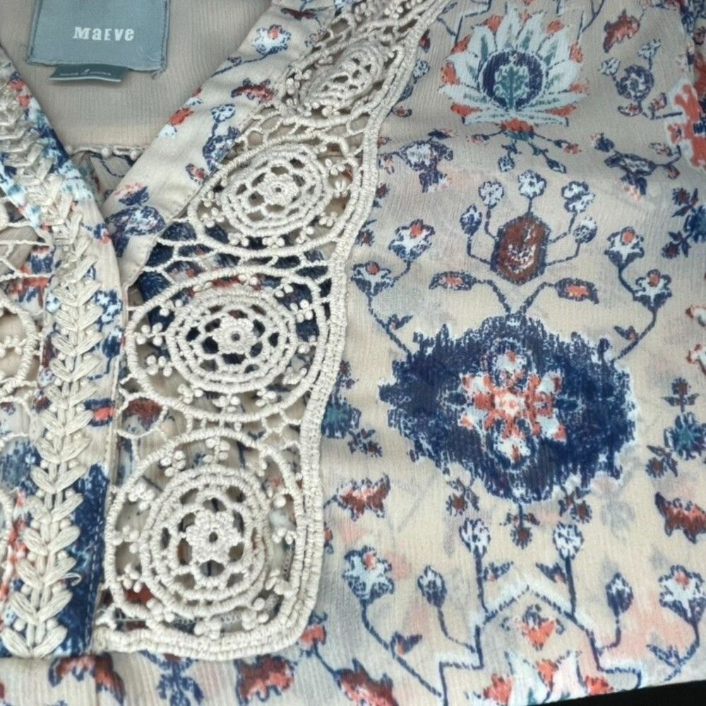 Maeve Anthropologie Tan Floral 3/4 Sleeve Crochet Boho Top Festival Summer Sz 2 - Picture 9 of 10